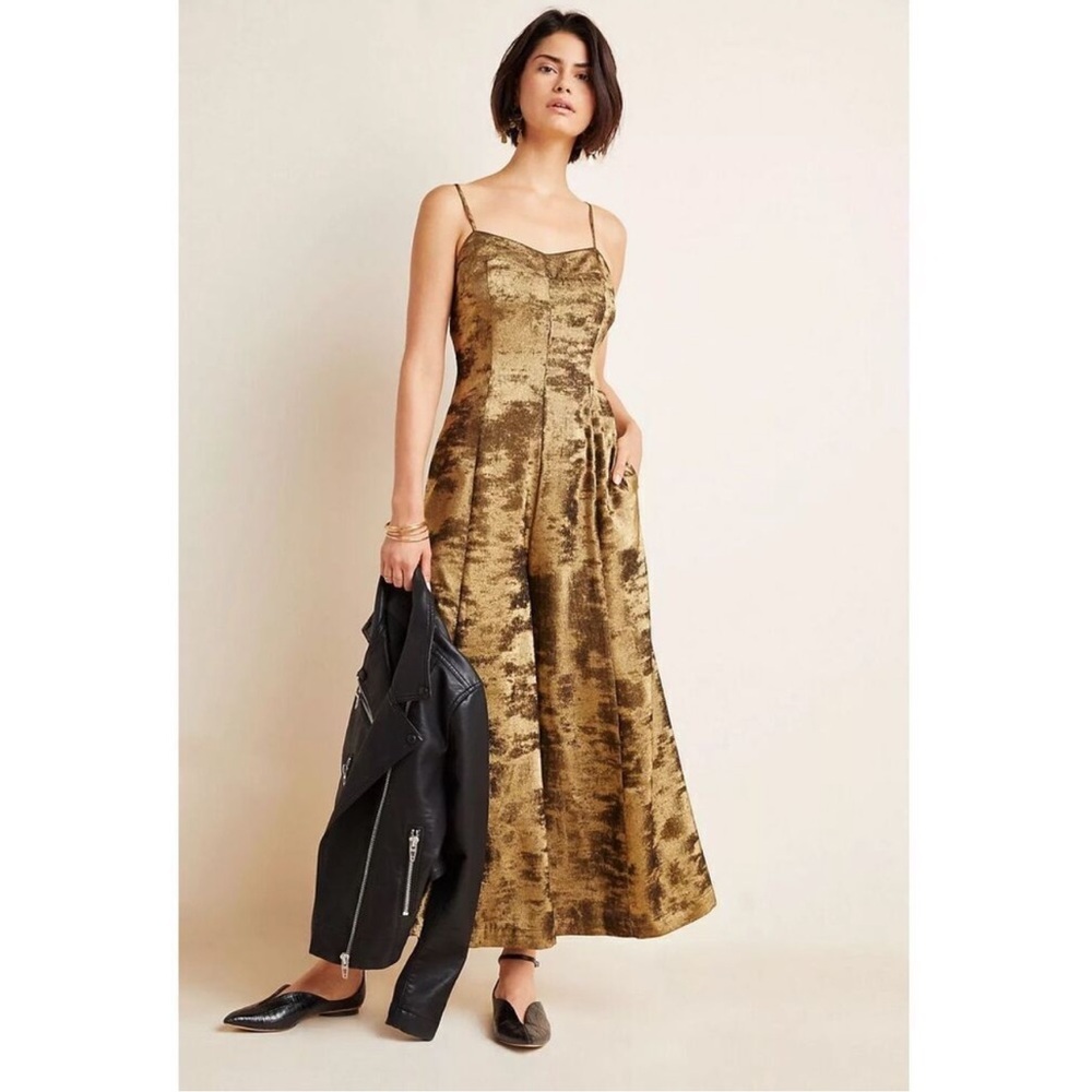 Anthropologie Gold Metallic Satin Jumpsuit